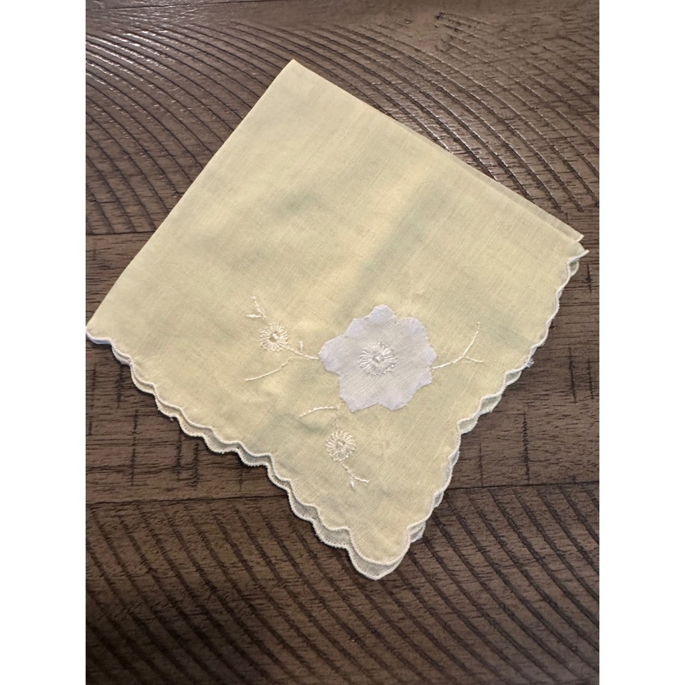 Vintage 1950s Maize Yellow Handkerchief - Grandmacore Floral Embroidery